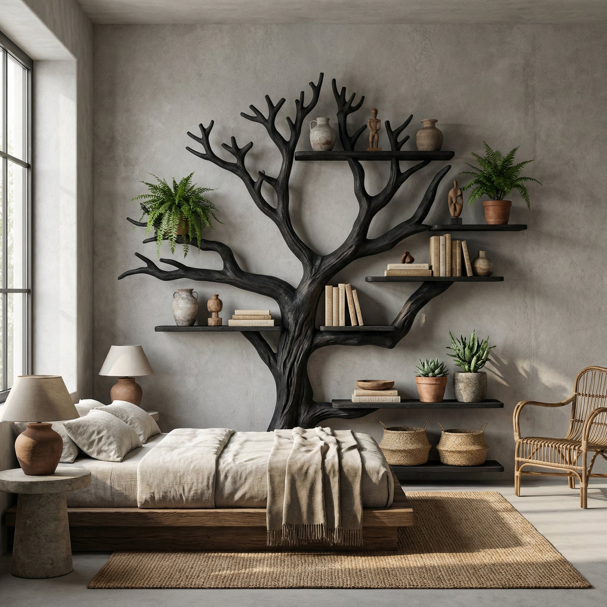 Rustic Tree Bookshelf, Wide Branch Library Wall for Living Rooms
