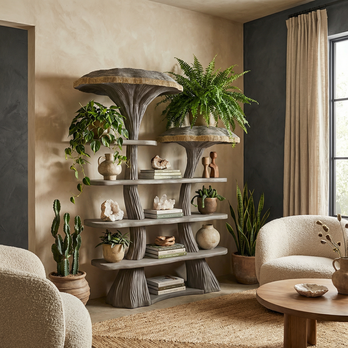 Mushroom Tree Bookshelf, Whimsical Wooden Nature Inspired Wall Shelf