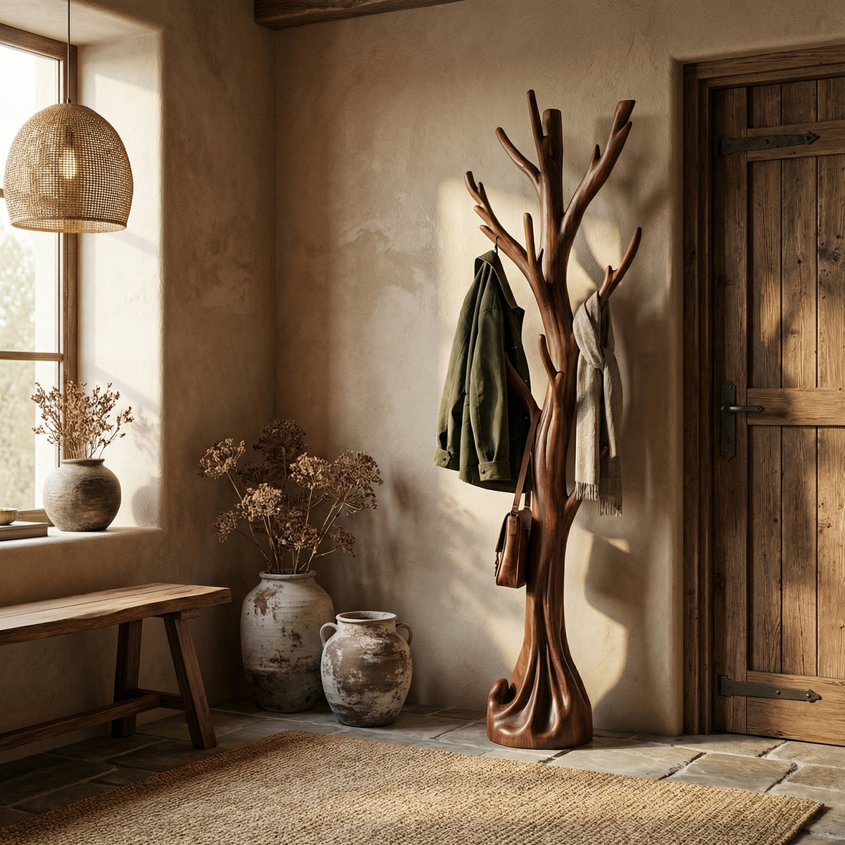 Rustic Tree Coat Rack, Solid Wood Branch Hanger for Entryway