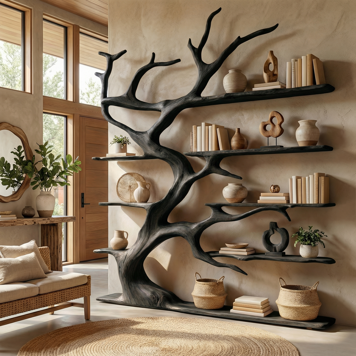 Rustic Tree Branch Bookshelf and Coat Rack for Living Room Decor