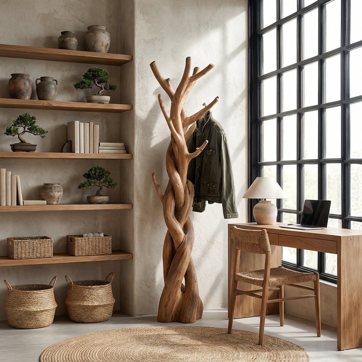 Rustic Driftwood Tree Coat Rack, Wall Mounted for Bedroom and Closet