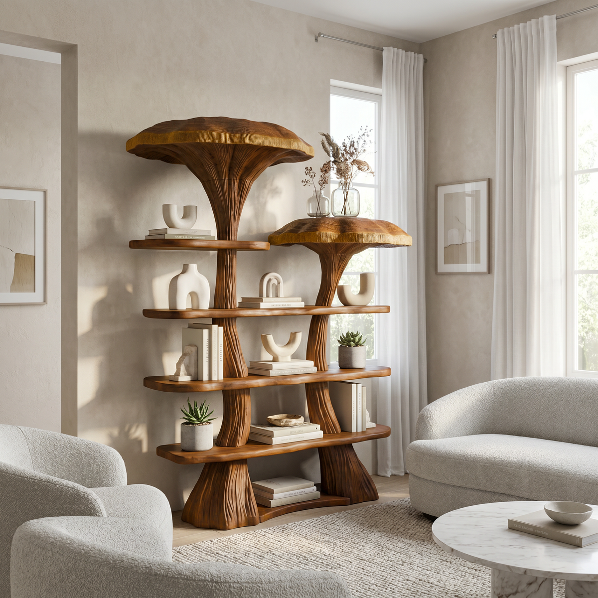 Mushroom Tree Bookshelf, Whimsical Wooden Nature Inspired Wall Shelf