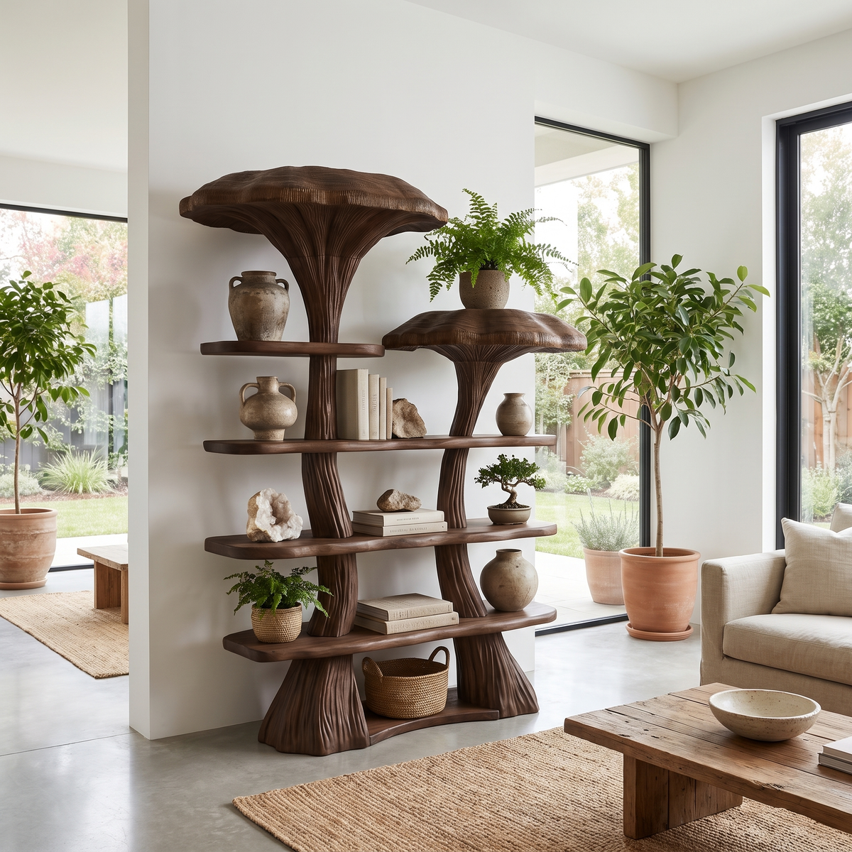 Mushroom Tree Bookshelf, Whimsical Wooden Nature Inspired Wall Shelf