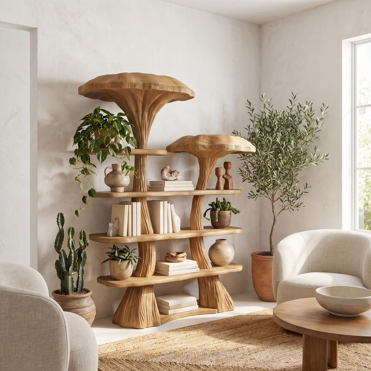 Mushroom Tree Bookshelf, Whimsical Wooden Nature Inspired Wall Shelf