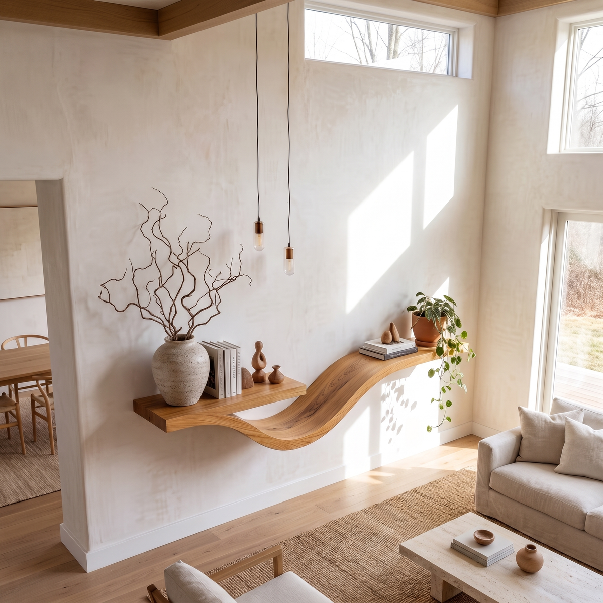 Wavy Floating Shelf, Rustic Live Edge Wall Shelf for Living Room