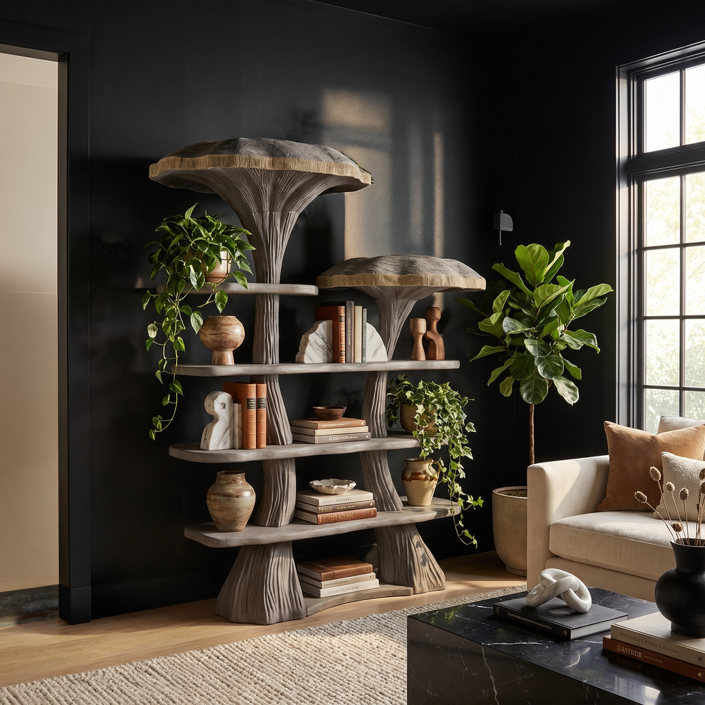 Mushroom Tree Bookshelf, Whimsical Wooden Nature Inspired Wall Shelf