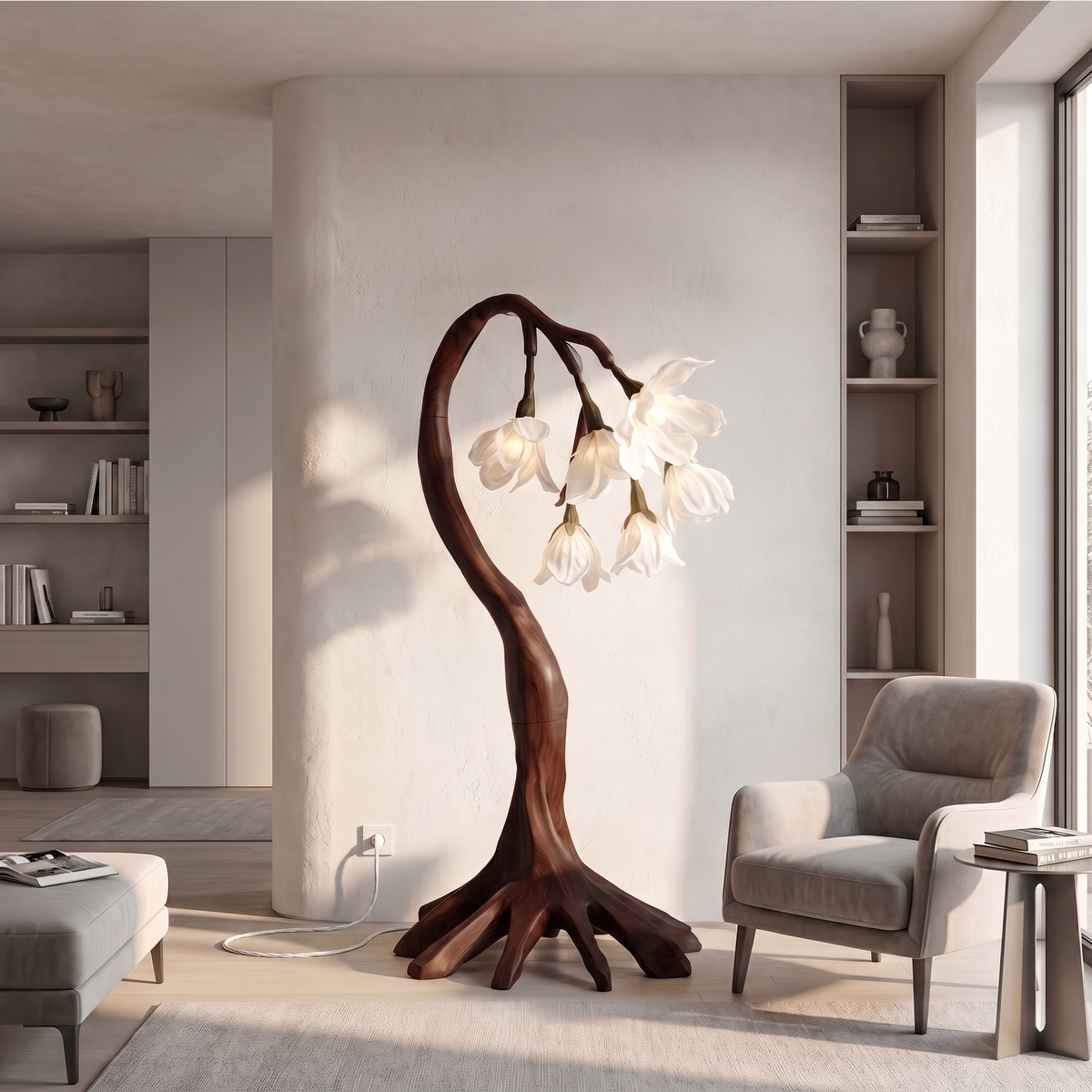 Flower Petal Floor Lamp, Sculptural Solid Wood Base Botanical Lighting