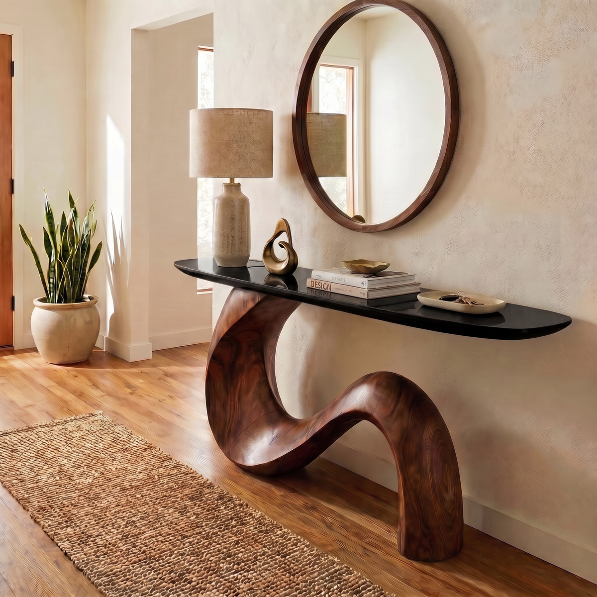 Sculptural Console Table, Mid Century Solid Wood Entryway Table