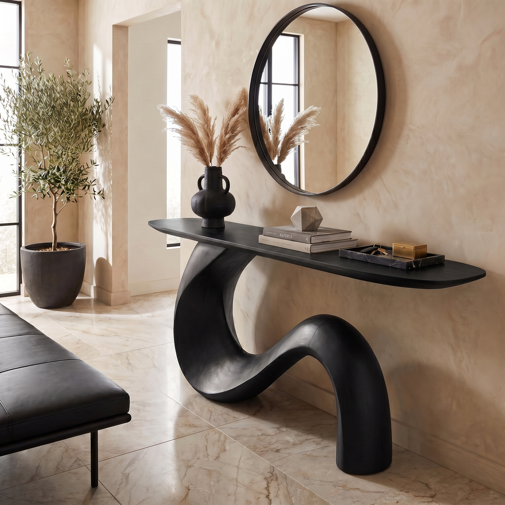 Sculptural Console Table, Mid Century Solid Wood Entryway Table