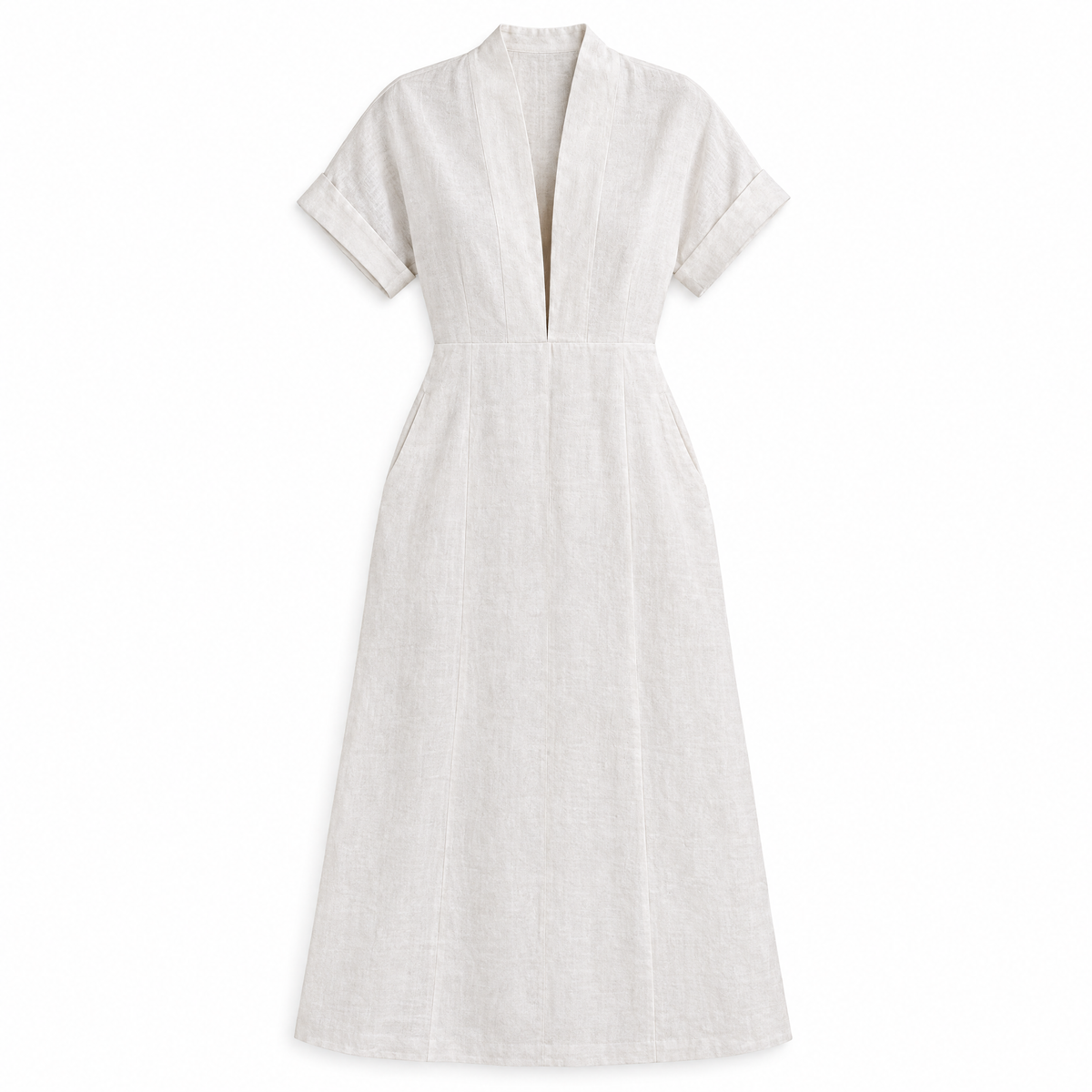White Deep V Linen Midi Dress
