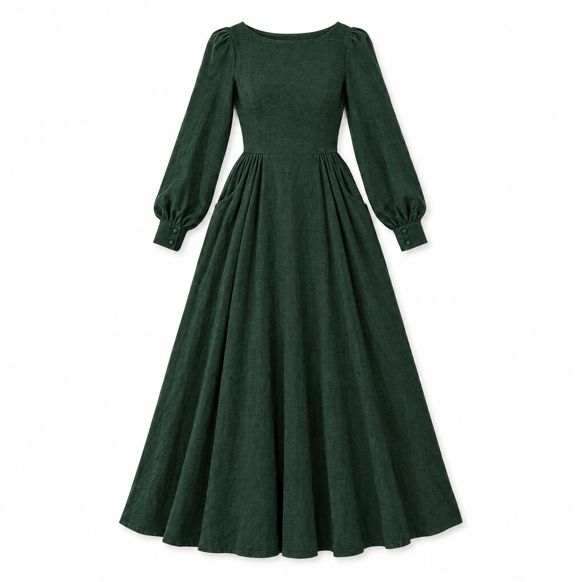 Forest Green Long Sleeve Linen Maxi Dress