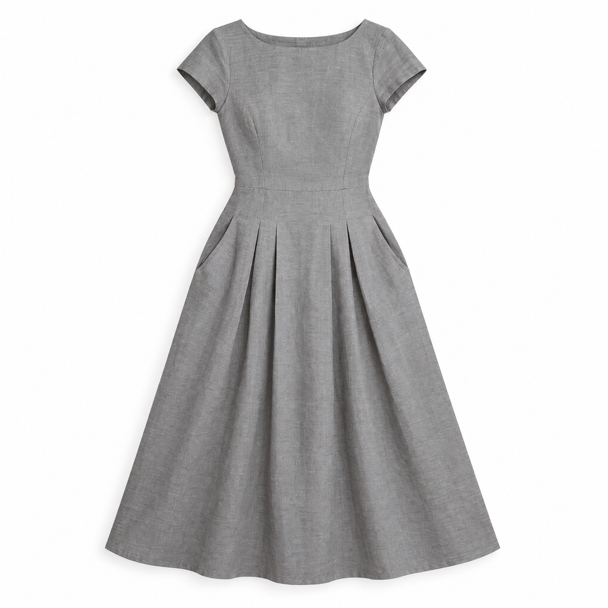 Grey A-Line Linen Midi Dress