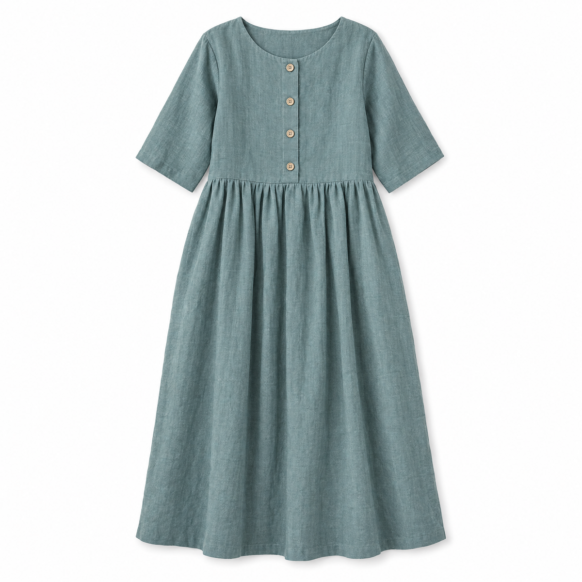 Dusty Blue Button Front Linen Midi Dress