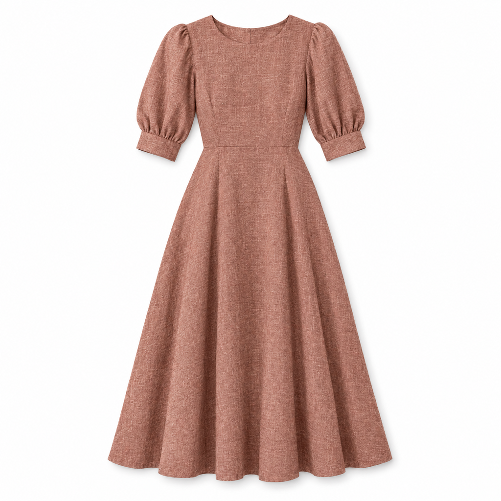 Terracotta Puff Sleeve Linen Midi Dress
