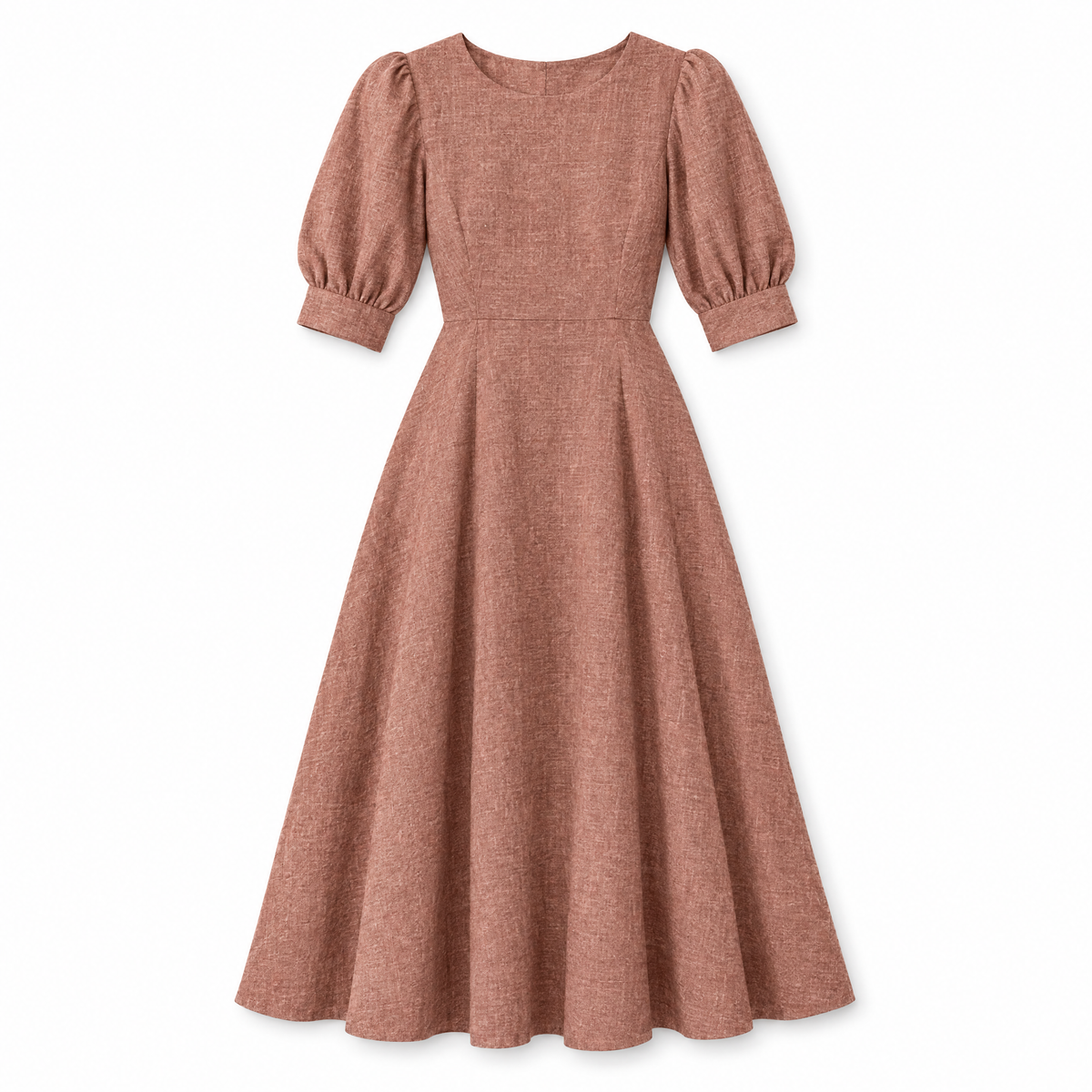 Terracotta Puff Sleeve Linen Midi Dress