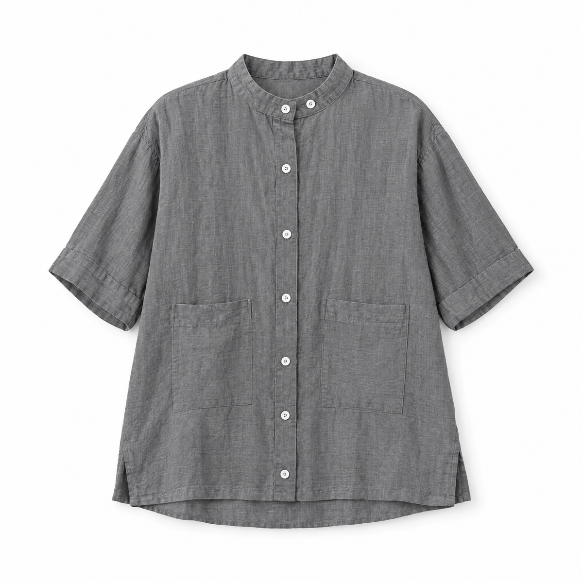 Grey Stand Collar Half Sleeve Linen Shirt