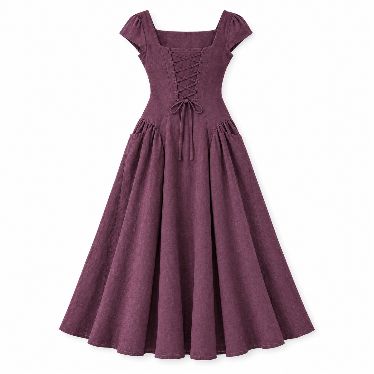 Plum Square Neck Linen Corset Midi Dress - back view