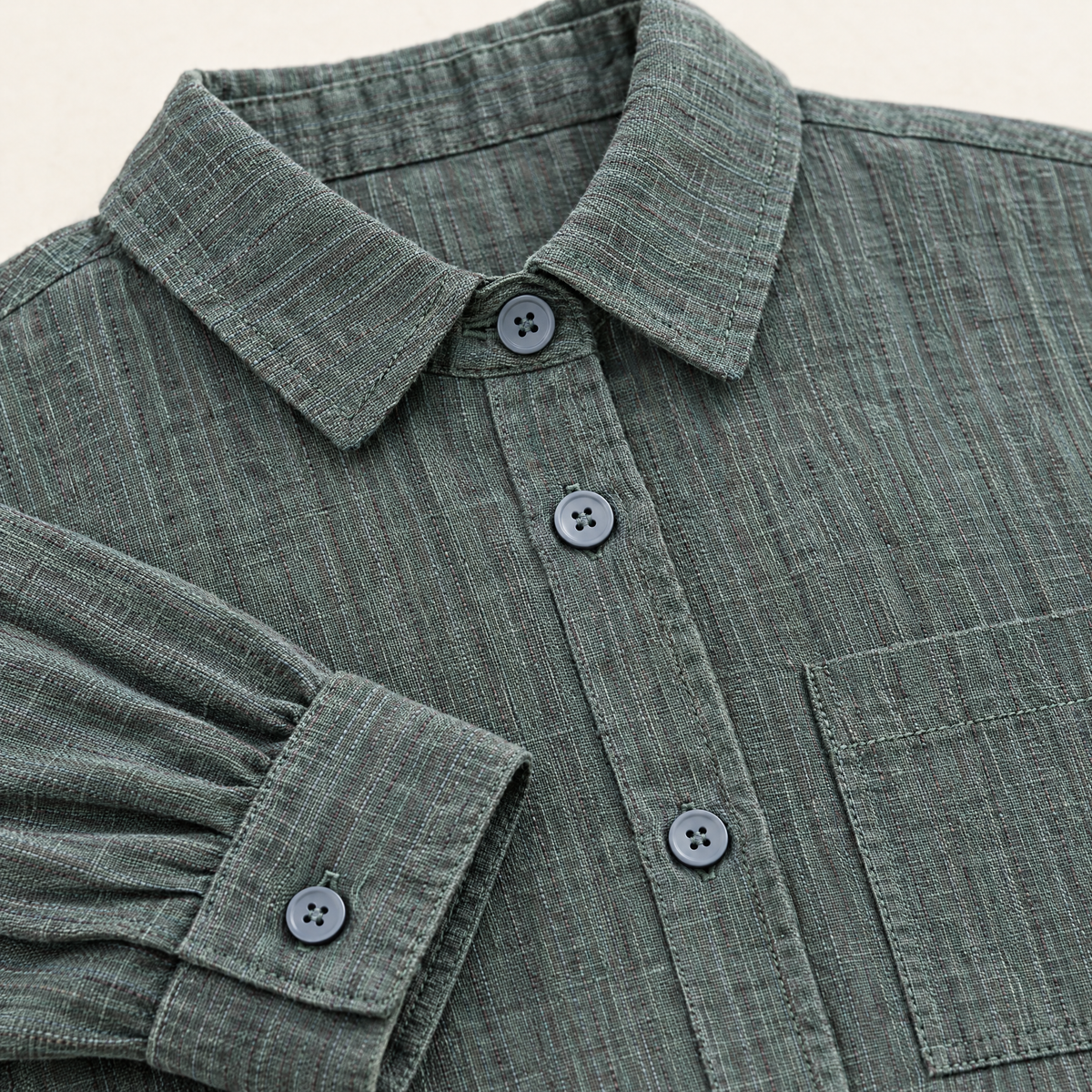 Sage Long Sleeve Linen Button Shirt - linen fabric and detail close-up