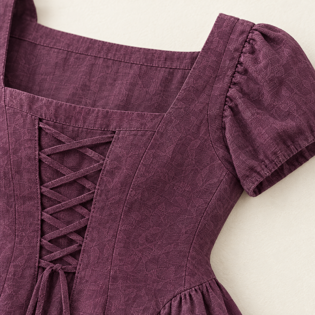 Plum Square Neck Linen Corset Midi Dress - linen fabric and detail close-up