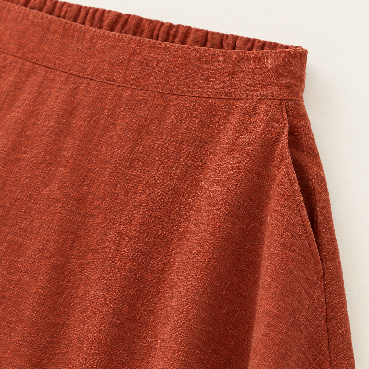 Rust Linen Maxi Skirt with Pockets - linen fabric and detail close-up