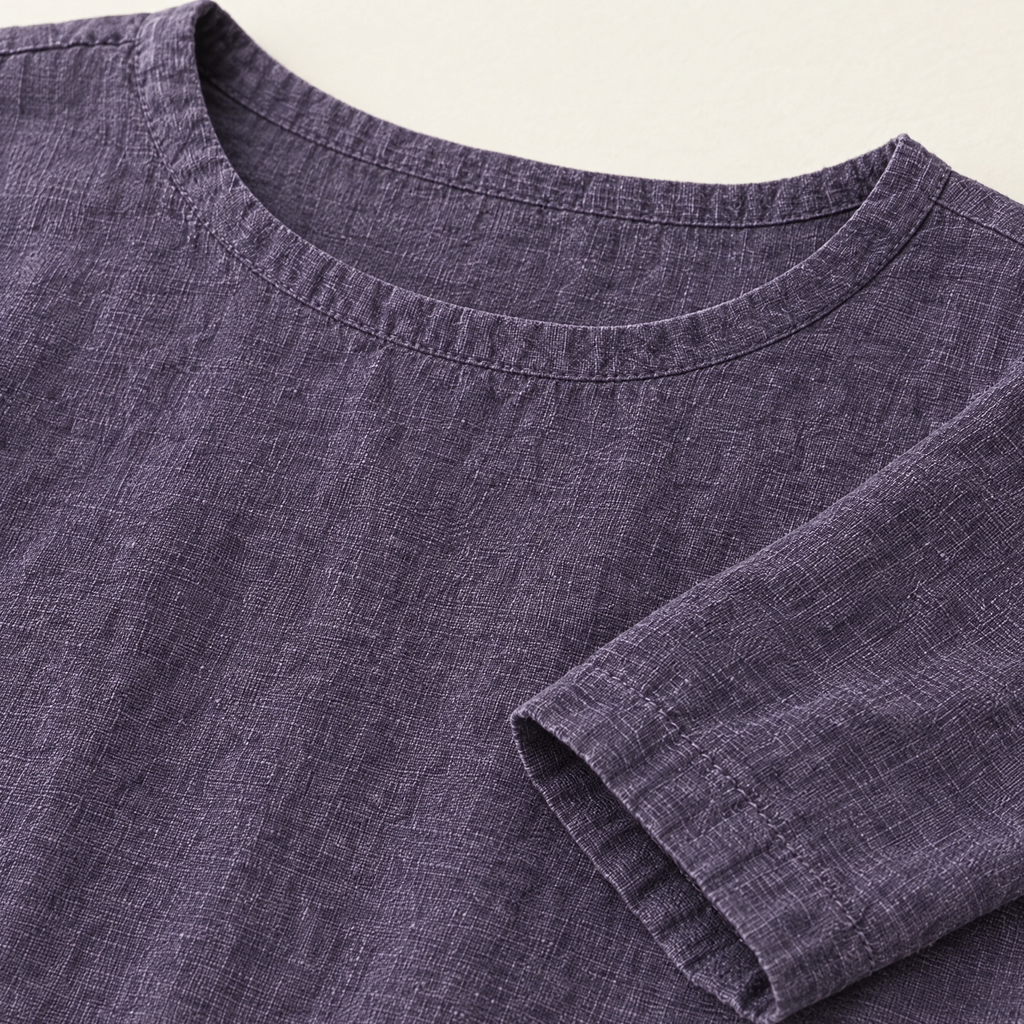 Lavender 3/4 Sleeve Linen Blouse - linen fabric and detail close-up
