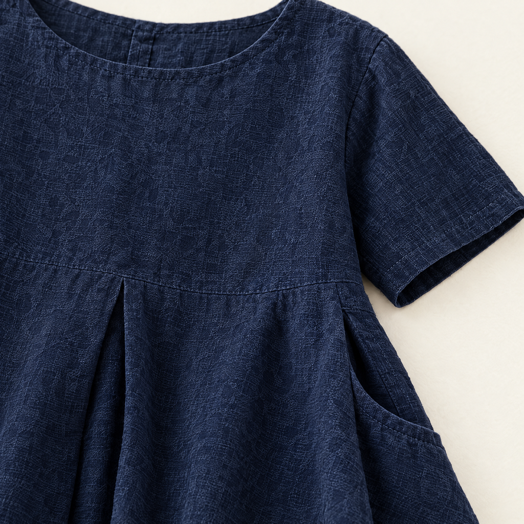 Navy Cocoon Linen Midi Dress - linen fabric and detail close-up