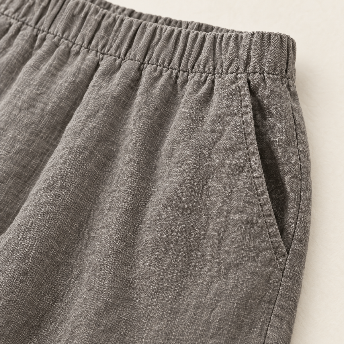 Taupe Linen Trousers with Pockets - linen fabric and detail close-up