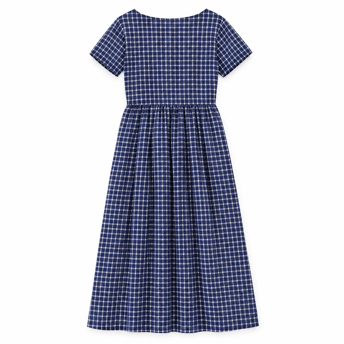 Blue Gingham Linen Smock Midi Dress - back view
