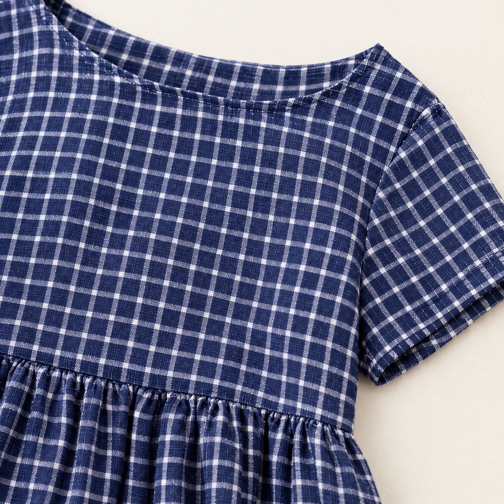 Blue Gingham Linen Smock Midi Dress - linen fabric and detail close-up