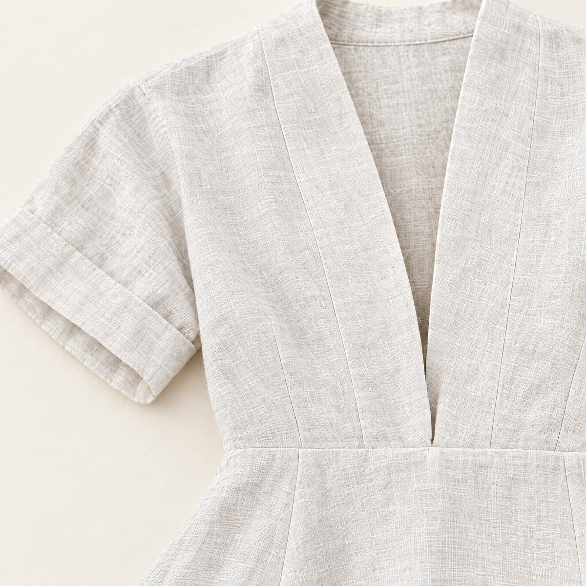 White Deep V Linen Midi Dress - linen fabric and detail close-up