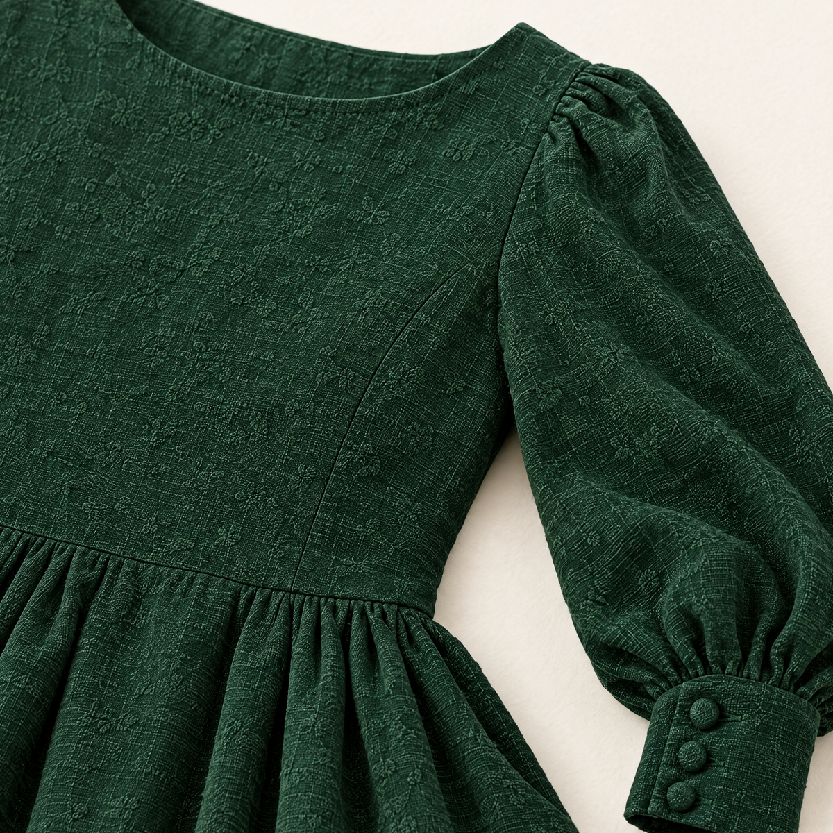 Forest Green Long Sleeve Linen Maxi Dress - linen fabric and detail close-up