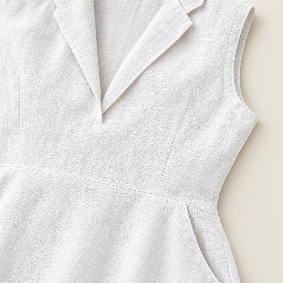 White Sleeveless V-Neck Linen Dress - linen fabric and detail close-up