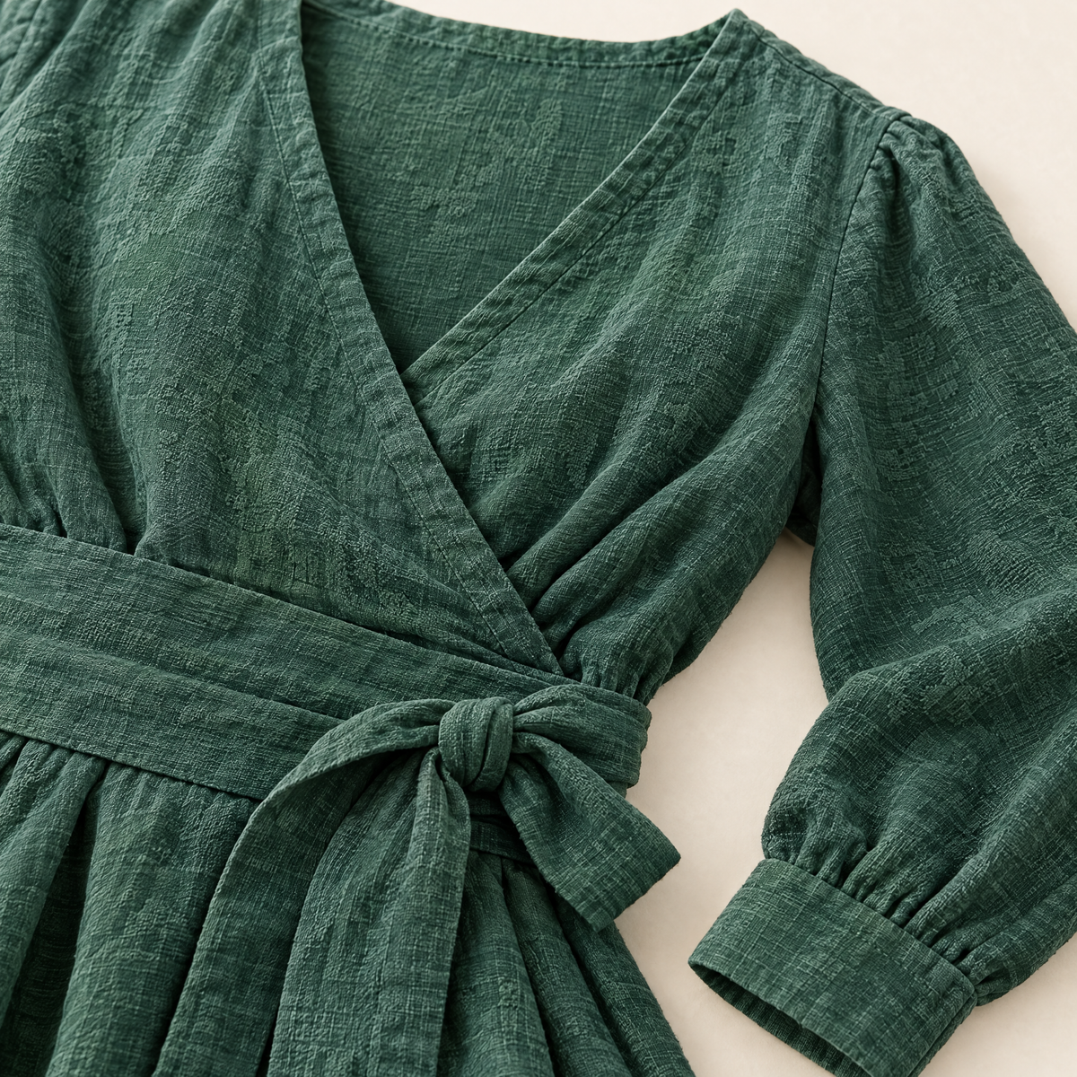 Sea Green Linen Maxi Dress with Obi Belt - linen fabric and detail close-up