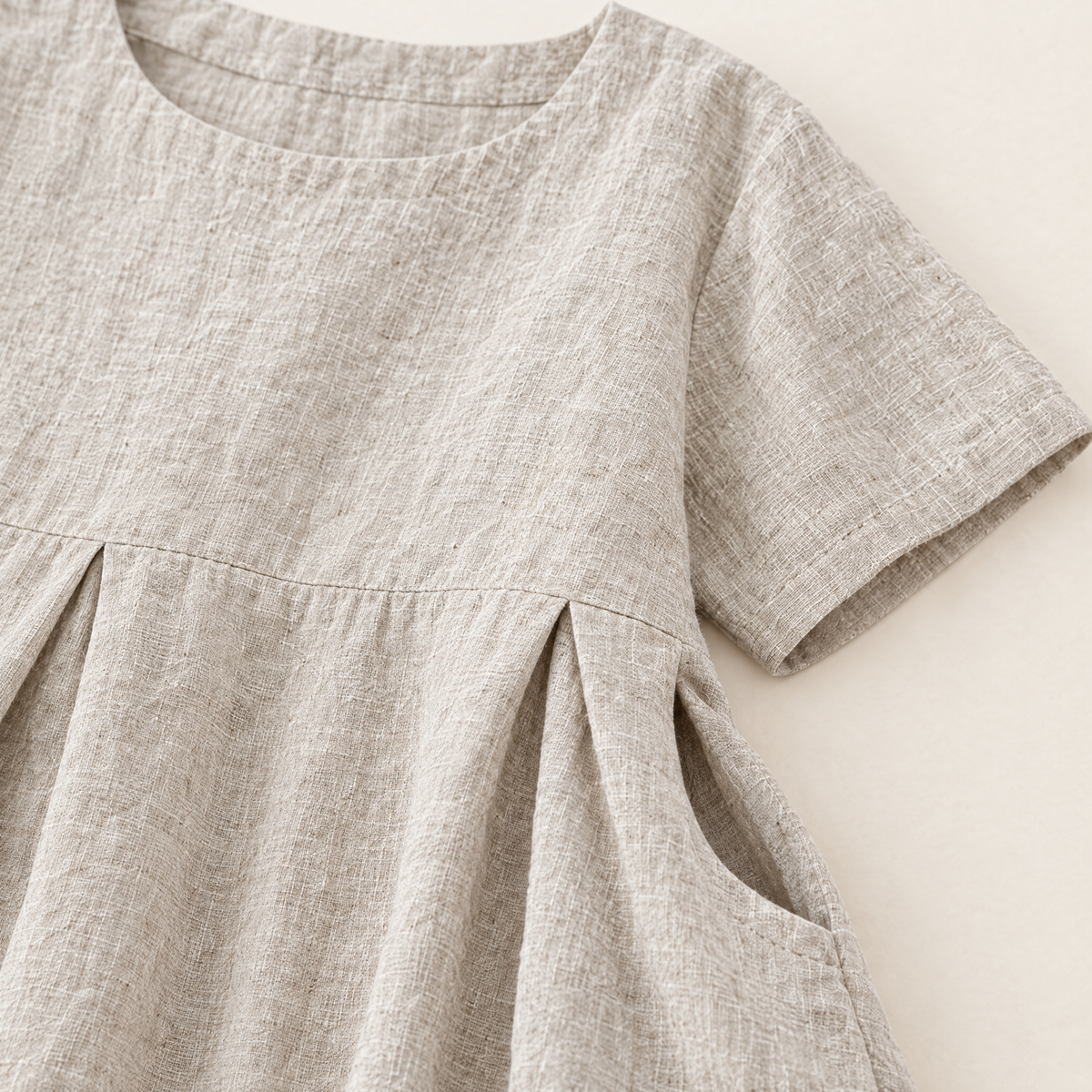 Beige Loose Linen Maxi Dress - linen fabric and detail close-up
