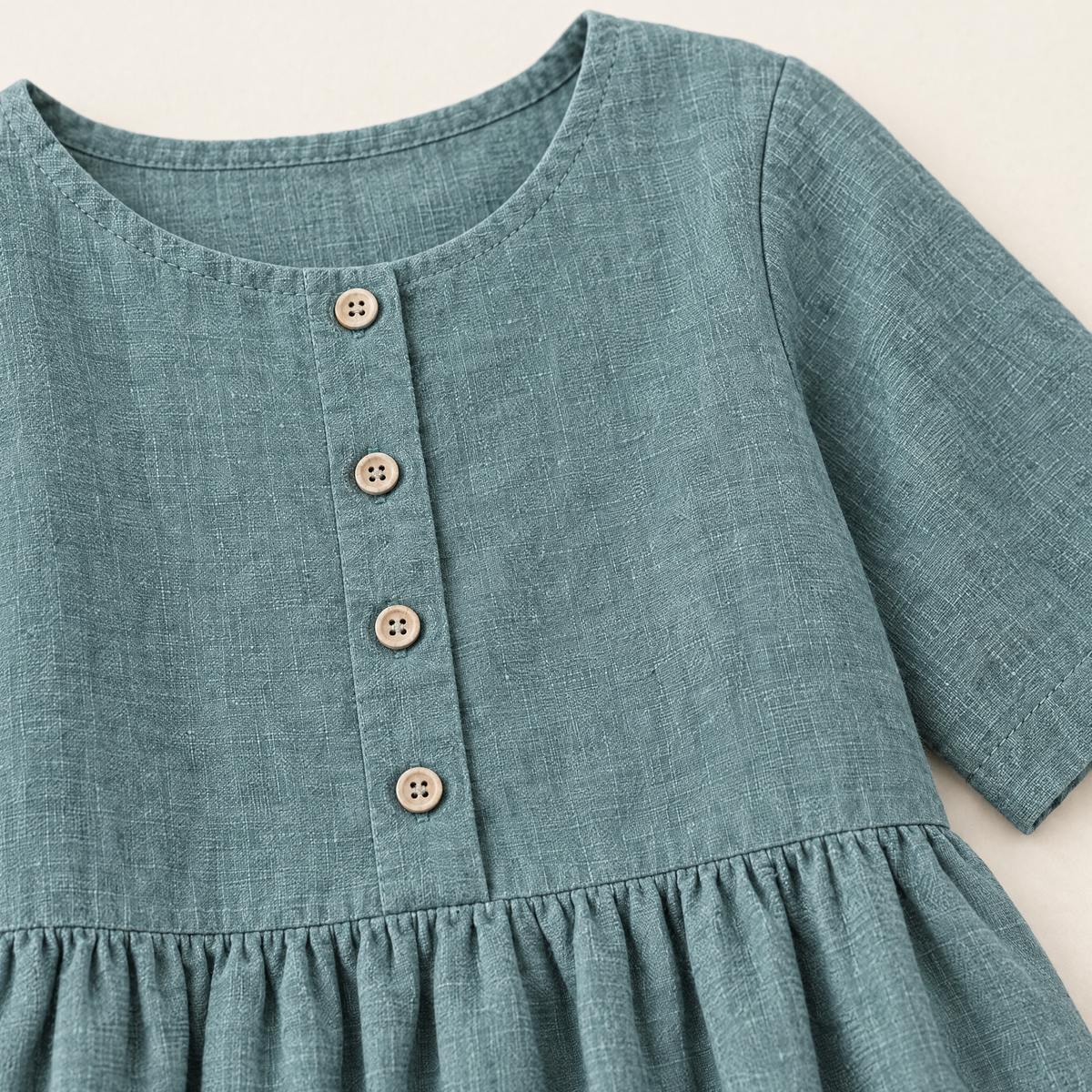 Dusty Blue Button Front Linen Midi Dress - linen fabric and detail close-up