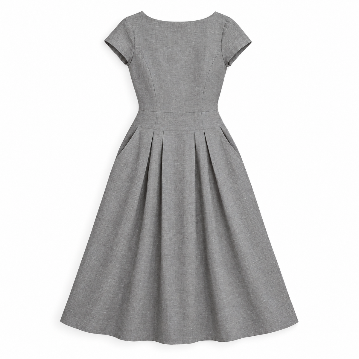 Grey A-Line Linen Midi Dress - back view