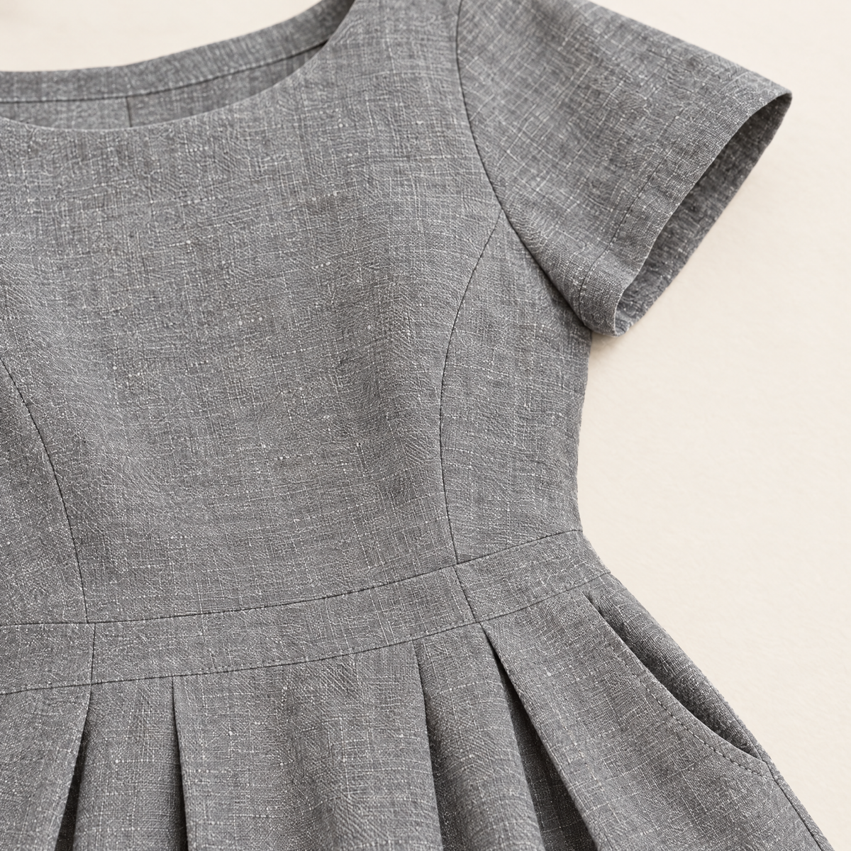 Grey A-Line Linen Midi Dress - linen fabric and detail close-up
