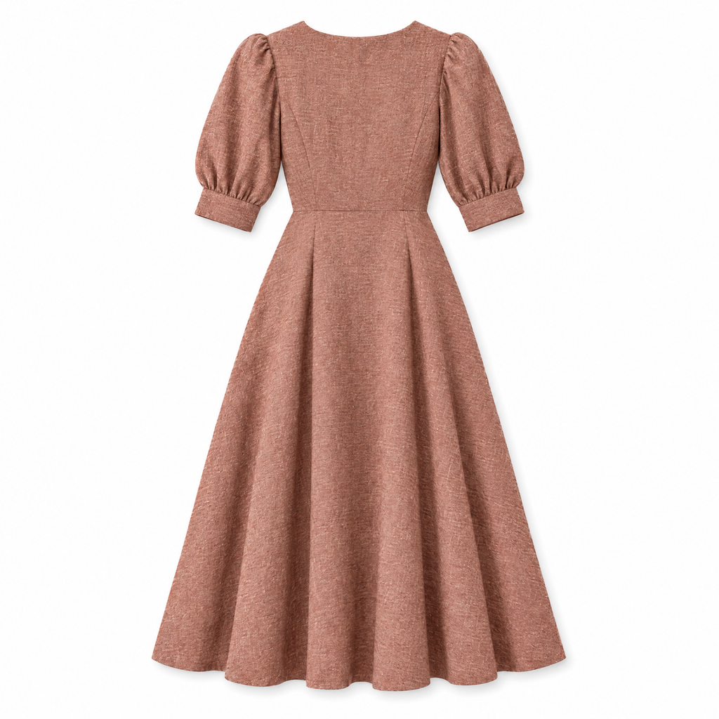 Terracotta Puff Sleeve Linen Midi Dress - back view