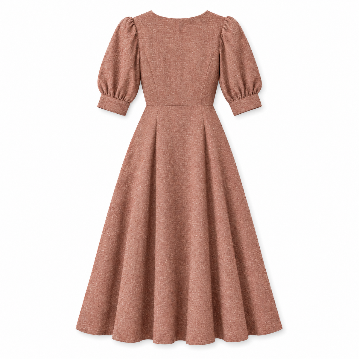 Terracotta Puff Sleeve Linen Midi Dress - back view