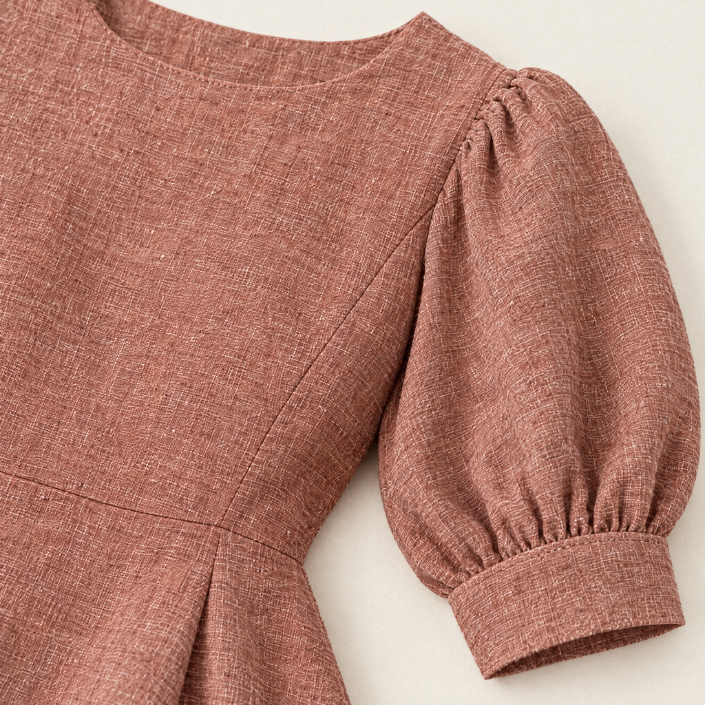 Terracotta Puff Sleeve Linen Midi Dress - linen fabric and detail close-up