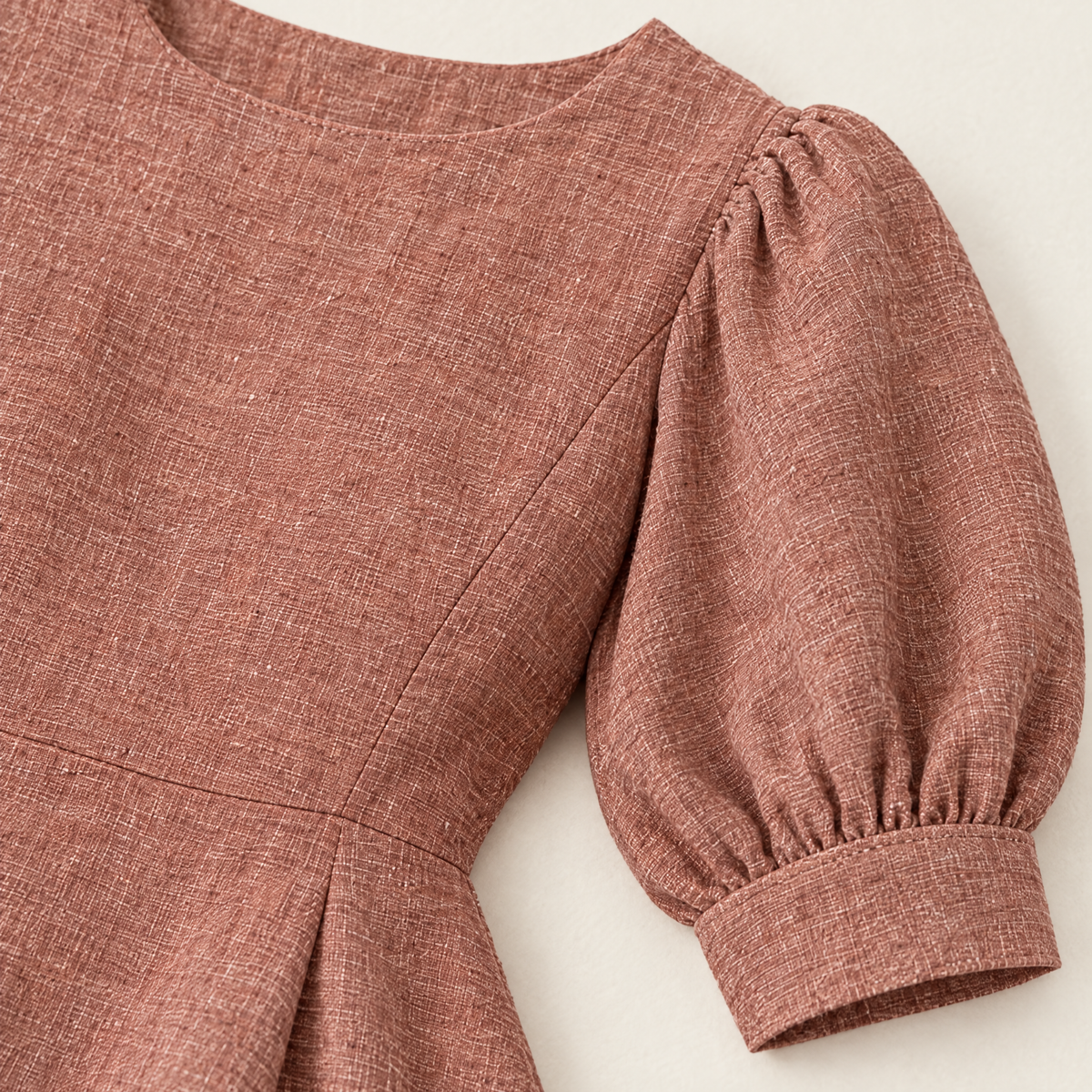 Terracotta Puff Sleeve Linen Midi Dress - linen fabric and detail close-up