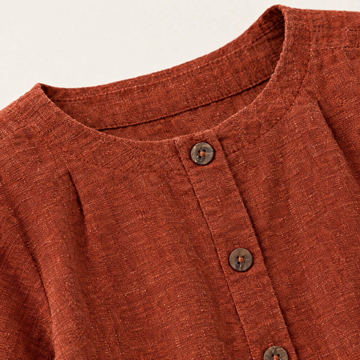 Rust Button Front Linen Blouse - linen fabric and detail close-up