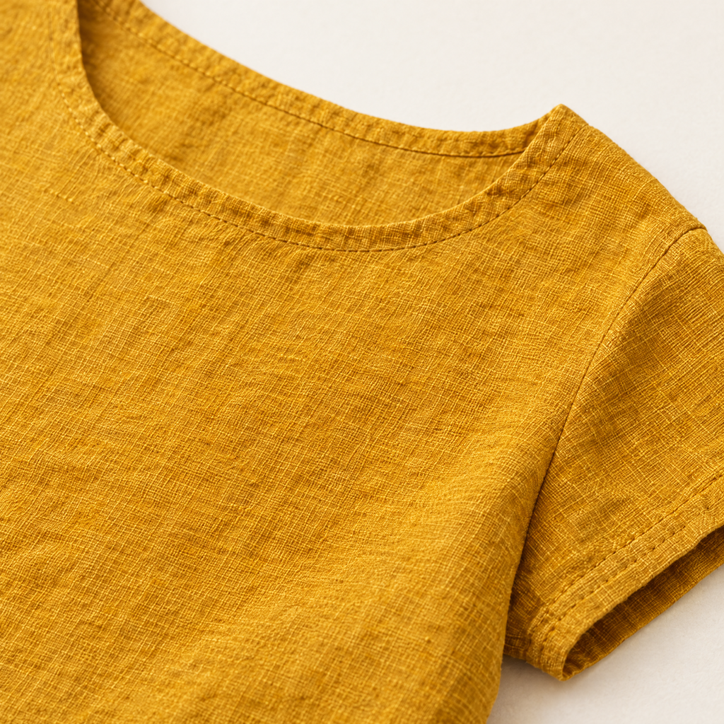 Mustard Short Sleeve Linen Top - linen fabric and detail close-up