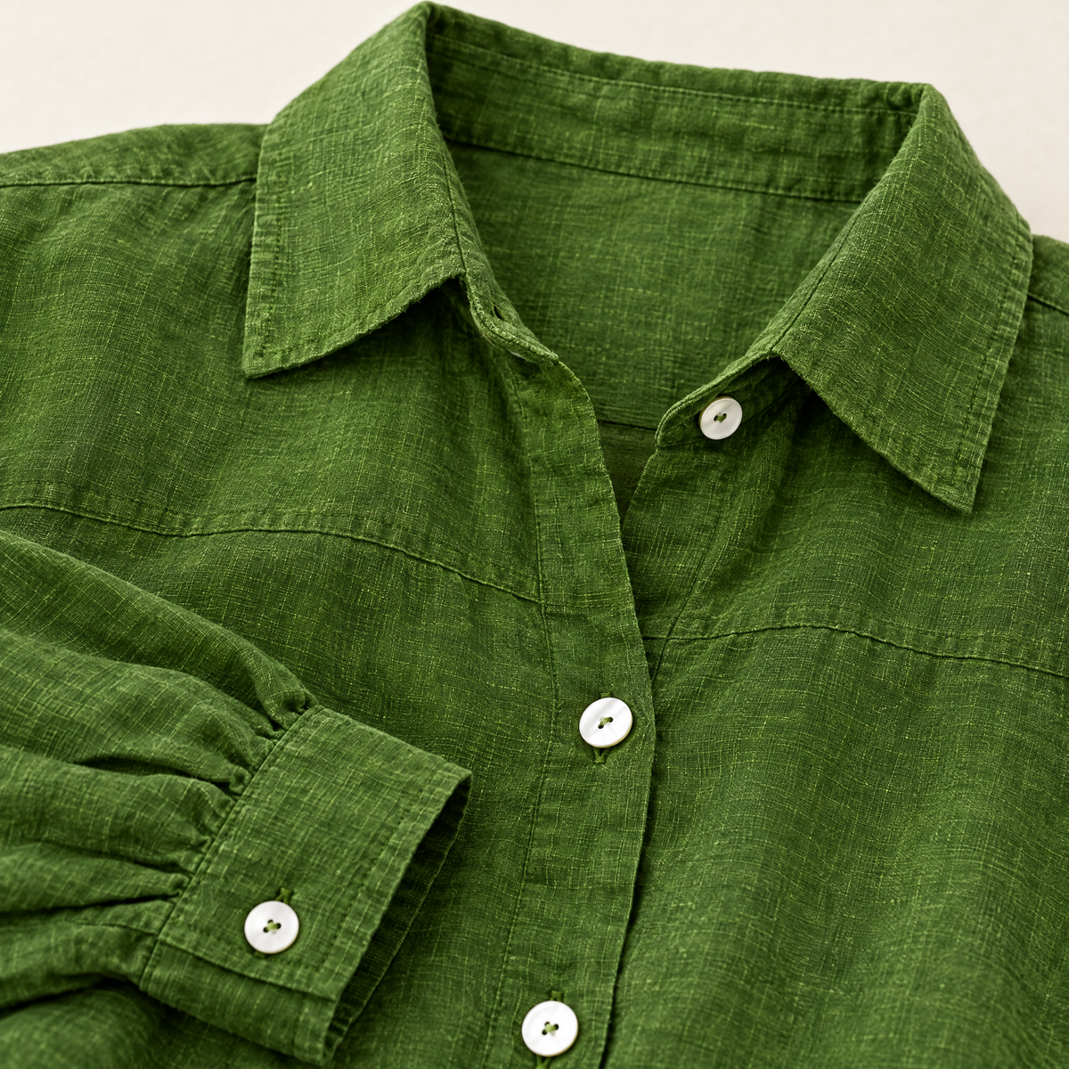 Moss Green Oversized Linen Shirt - linen fabric and detail close-up