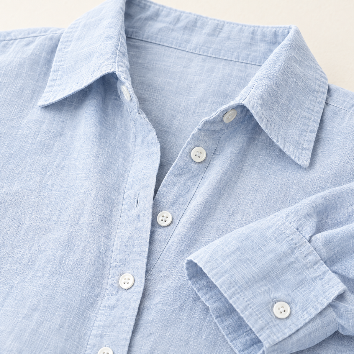 Light Blue Classic Linen Shirt - linen fabric and detail close-up
