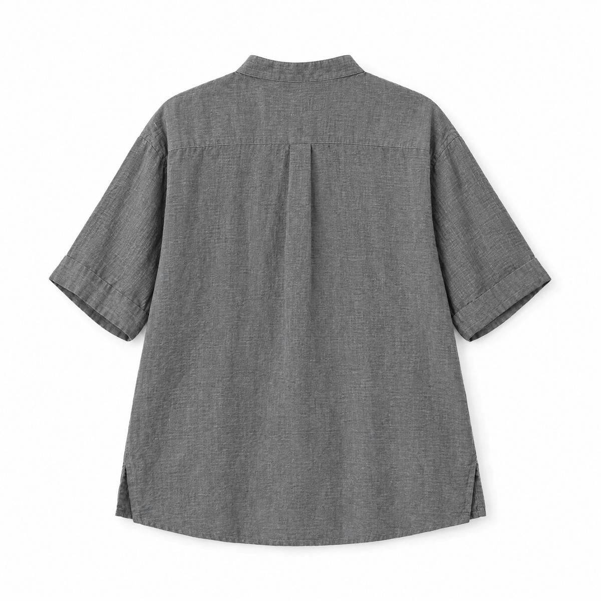 Grey Stand Collar Half Sleeve Linen Shirt - back view