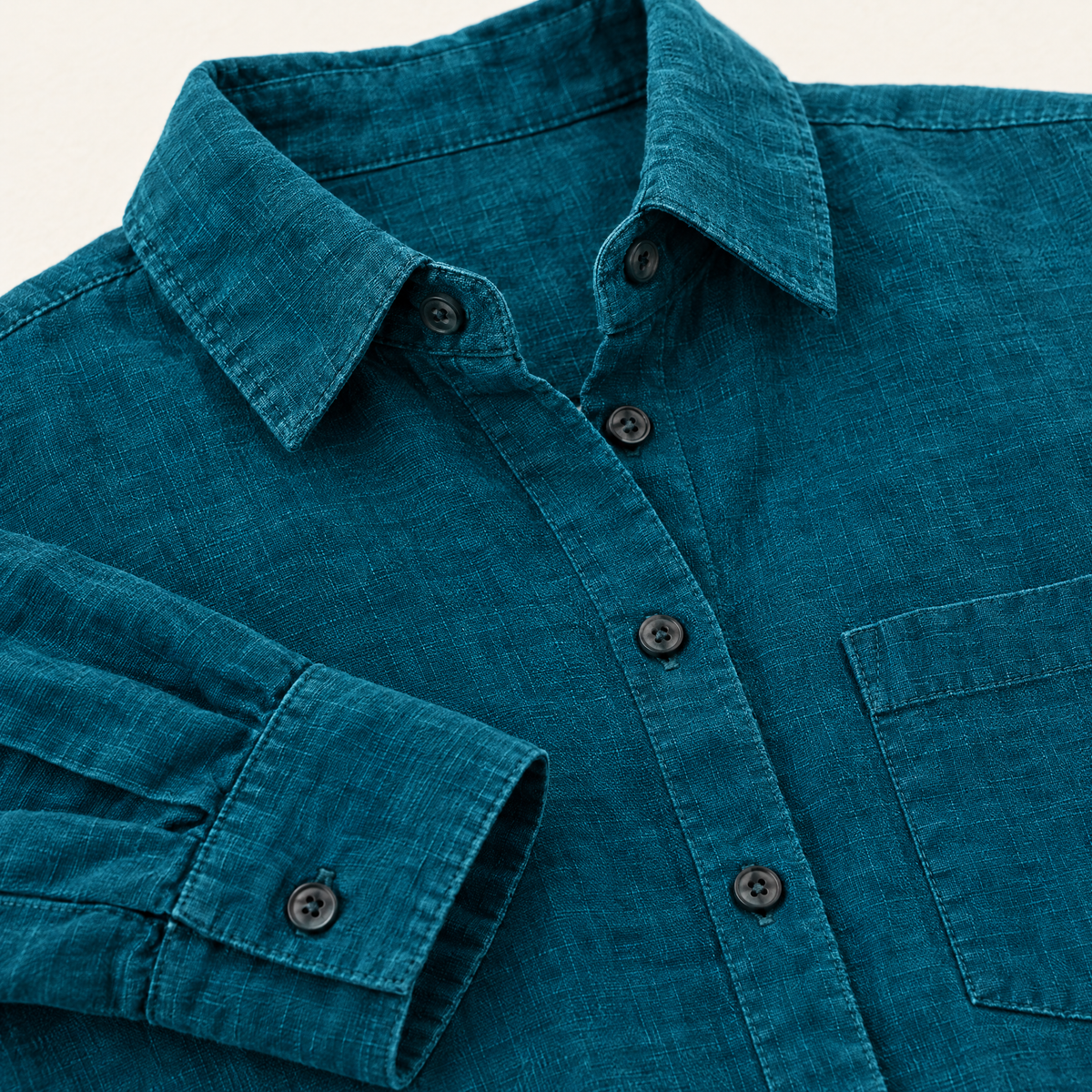 Teal Long Sleeve Linen Shirt - linen fabric and detail close-up