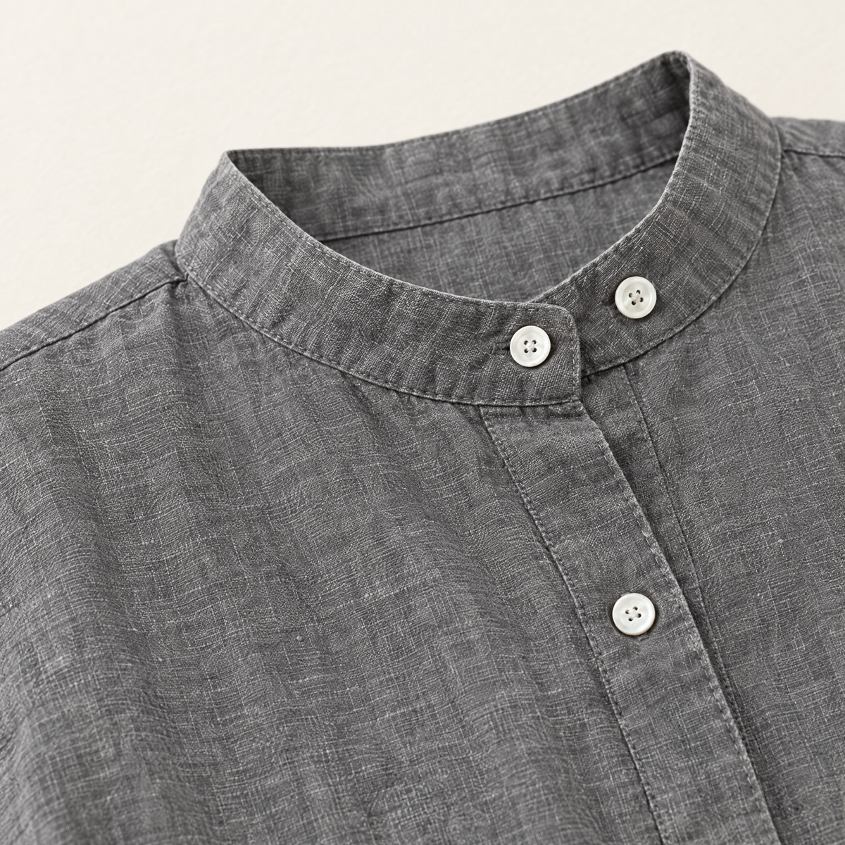 Grey Stand Collar Half Sleeve Linen Shirt - linen fabric and detail close-up