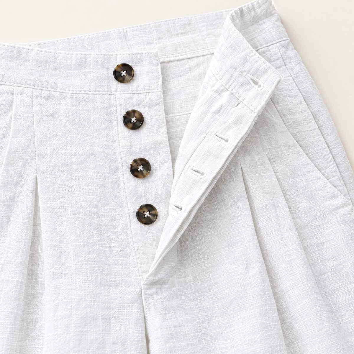 White High Waisted Linen Pants - linen fabric and detail close-up