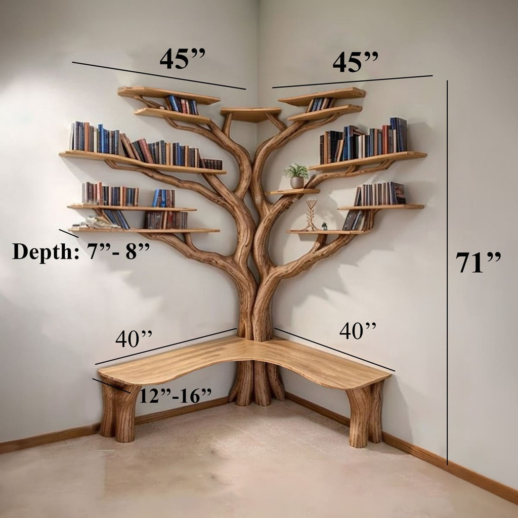 Tree Corner Bookshelf with L-Shaped Bench, Floating Wood Reading Nook